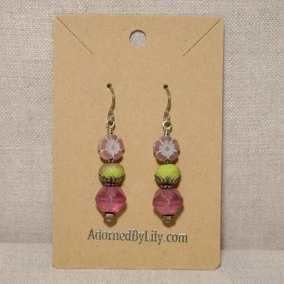 Hand Crafted Handmade Earrings Pink & Green Czech Glass Flower Earrings - Picture 2 of 4